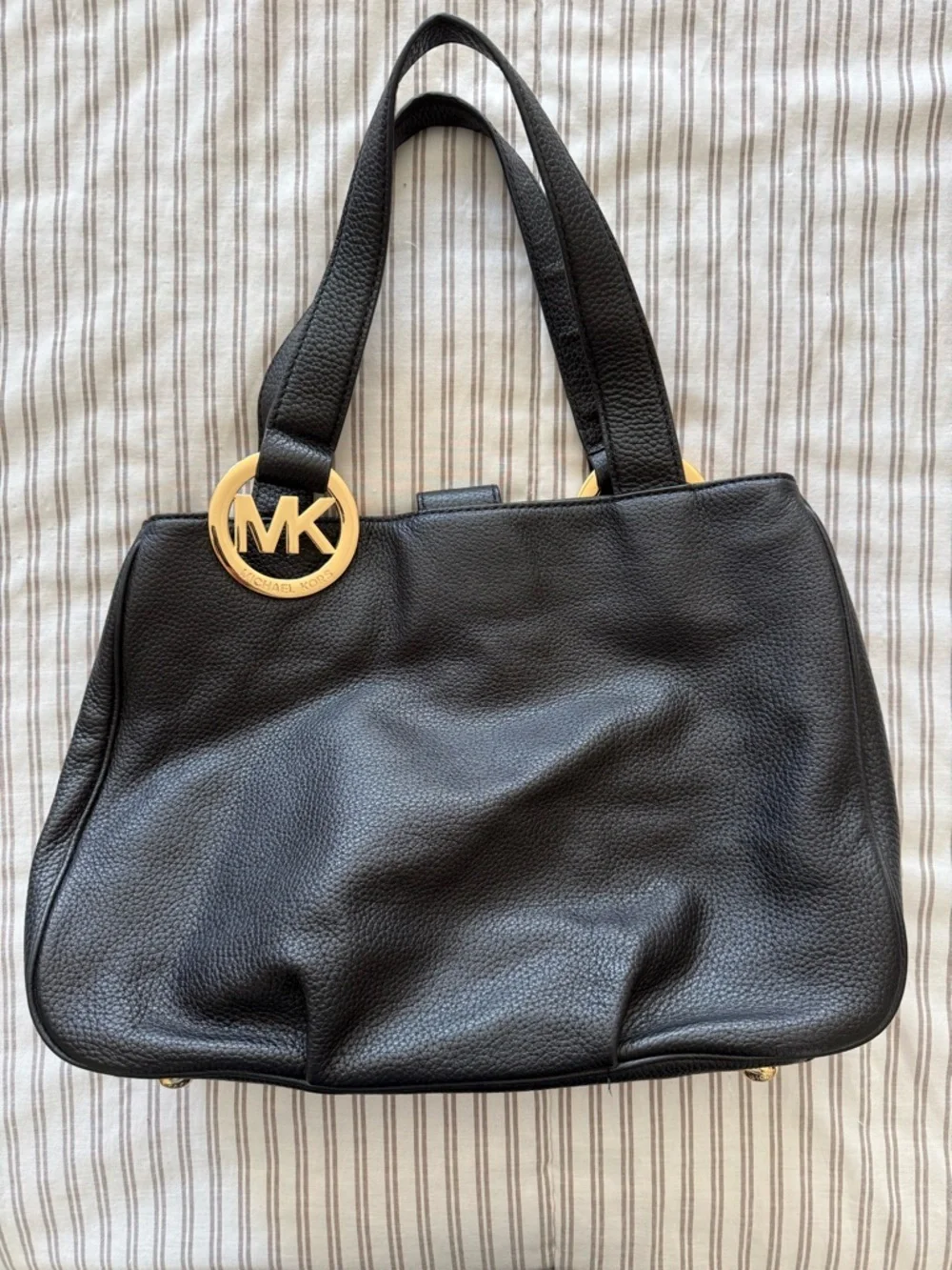 Michael Kors Black Leather Tote with Gold MK Logo Charm